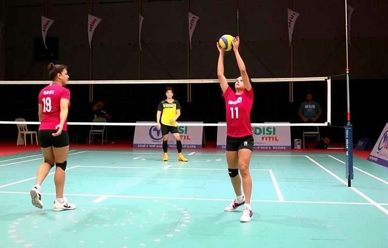 Desi Volley Stars national tournament finals with players competing on stage
