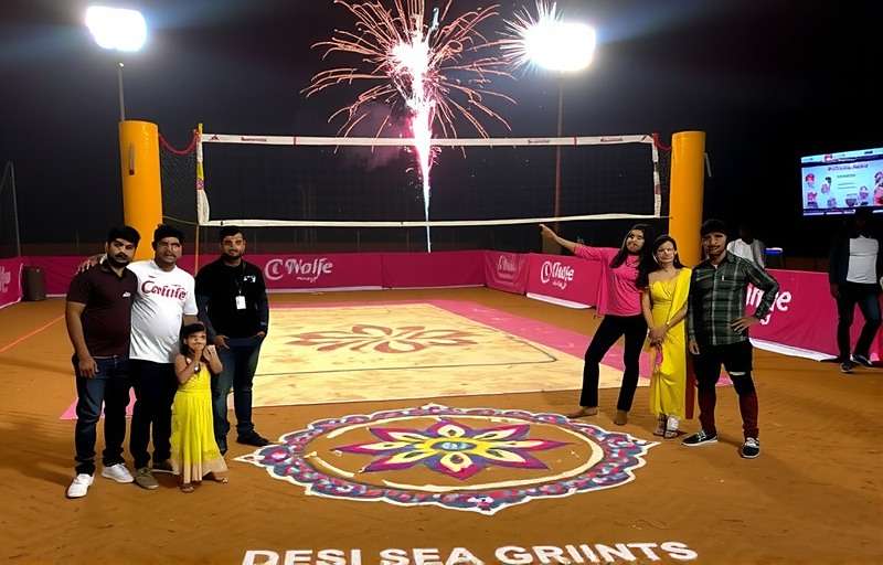 Desi Volley Stars Diwali special event with rangoli decorated court and fireworks